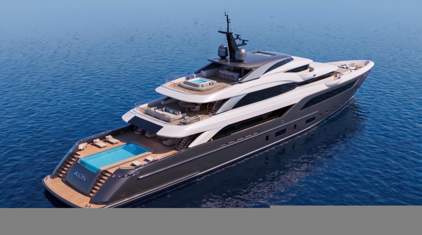 Calm-water exterior profile render of a motor yacht