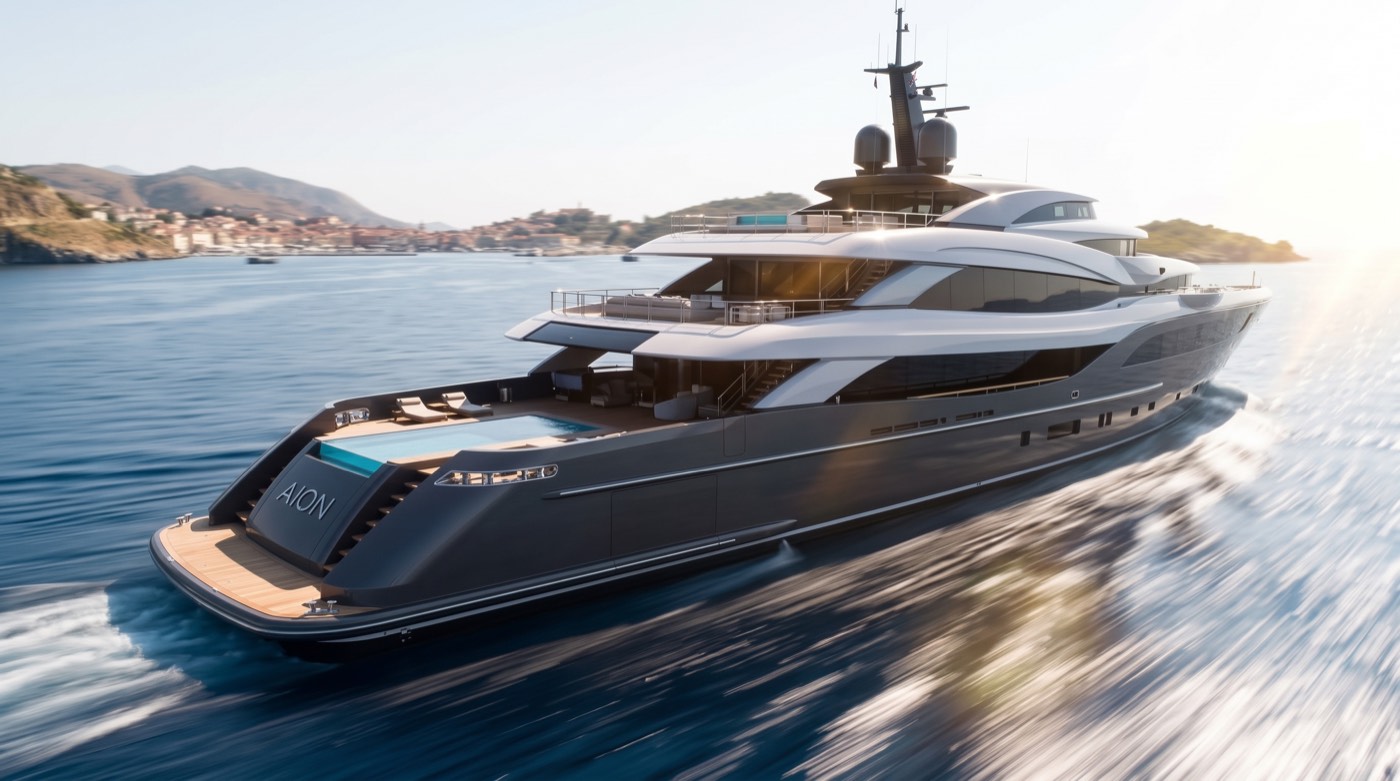 Superyacht exterior render underway at sunset
